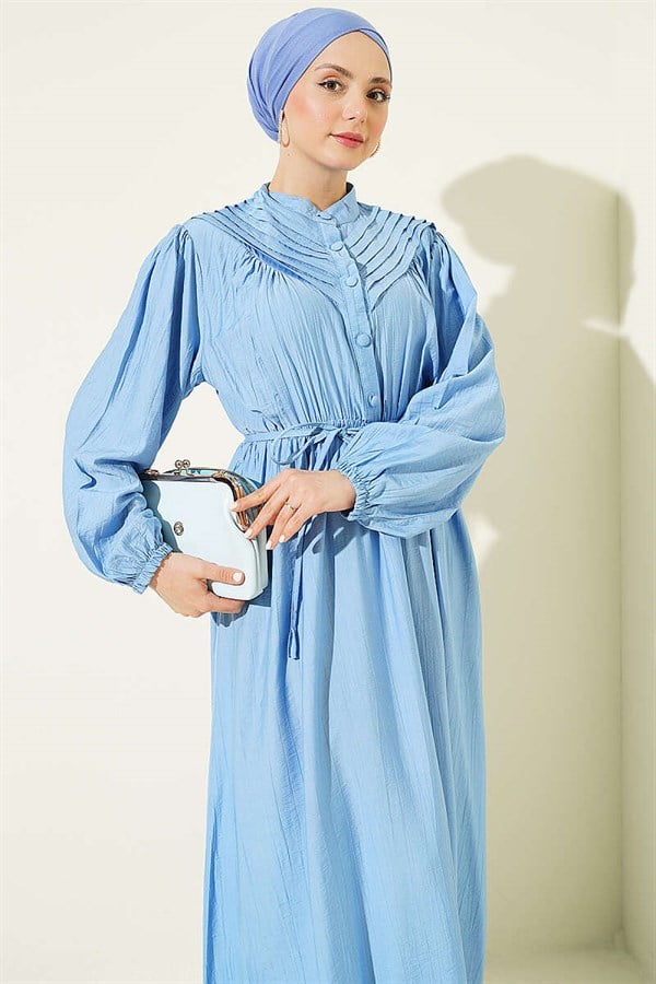 Baby Blue Ribbed Dress with Elastic Waistband