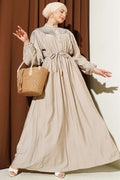 Ribbed Dress with Elastic Waistband, Beige