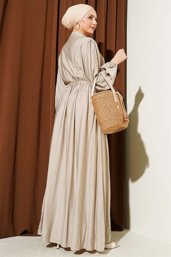 Ribbed Dress with Elastic Waistband, Beige