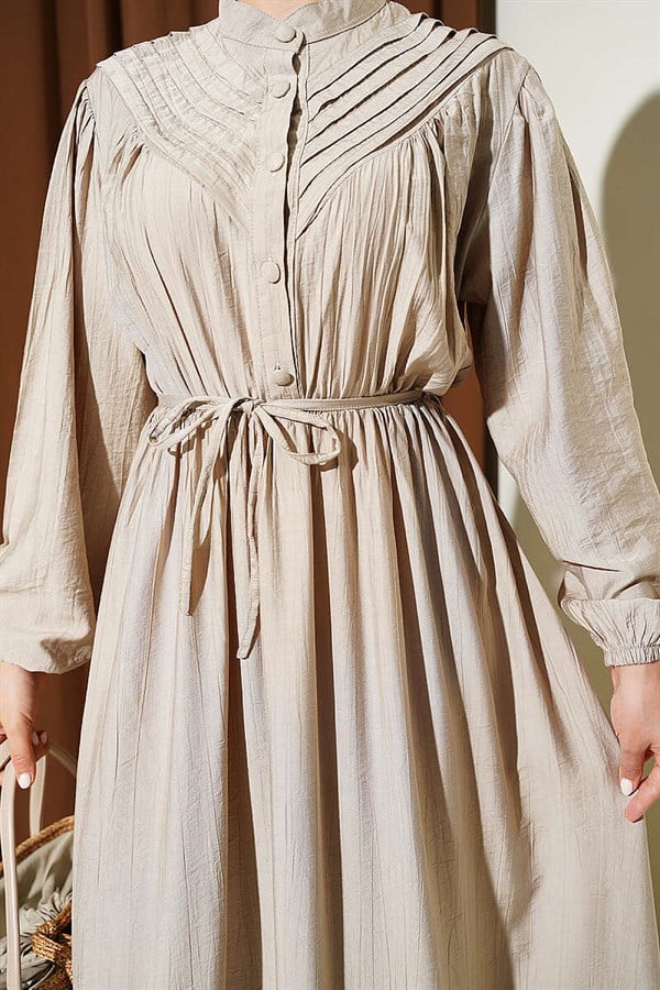 Ribbed Dress with Elastic Waistband, Beige