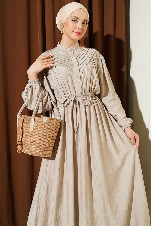 Ribbed Dress with Elastic Waistband, Beige