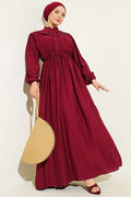Ribbed Dress with Elastic Waistband, Burgundy
