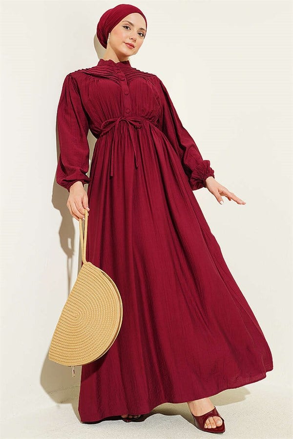 Ribbed Dress with Elastic Waistband, Burgundy