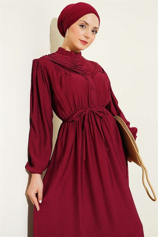 Ribbed Dress with Elastic Waistband, Burgundy