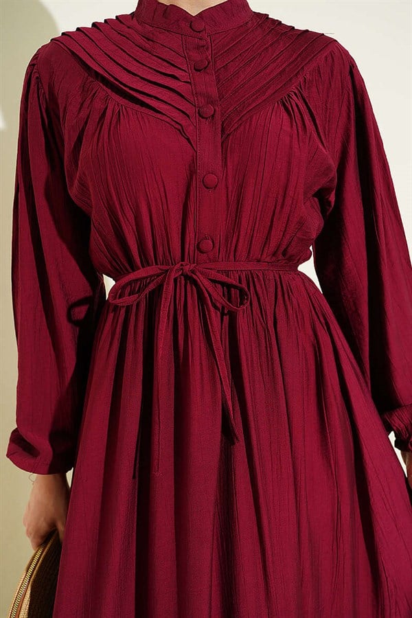 Ribbed Dress with Elastic Waistband, Burgundy