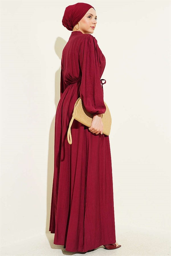 Ribbed Dress with Elastic Waistband, Burgundy