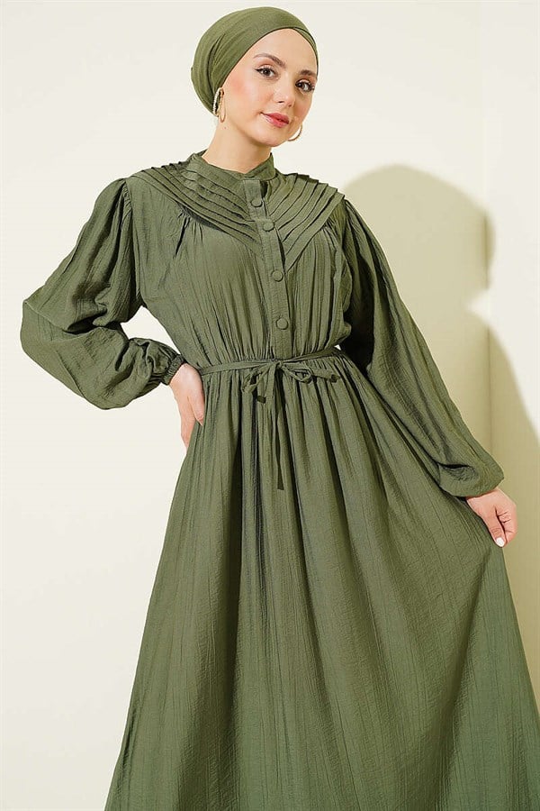 Ribbed Dress with Elastic Waistband, Khaki