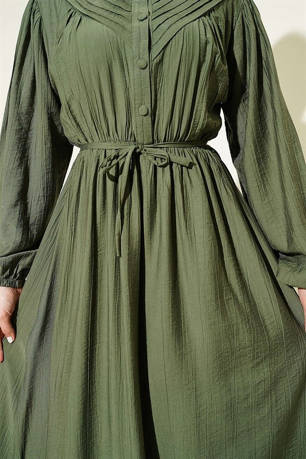 Ribbed Dress with Elastic Waistband, Khaki