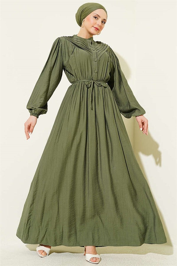 Ribbed Dress with Elastic Waistband, Khaki