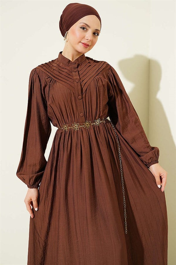 Ribbed Dress with Elastic Waist, Brown