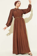 Ribbed Dress with Elastic Waist, Brown