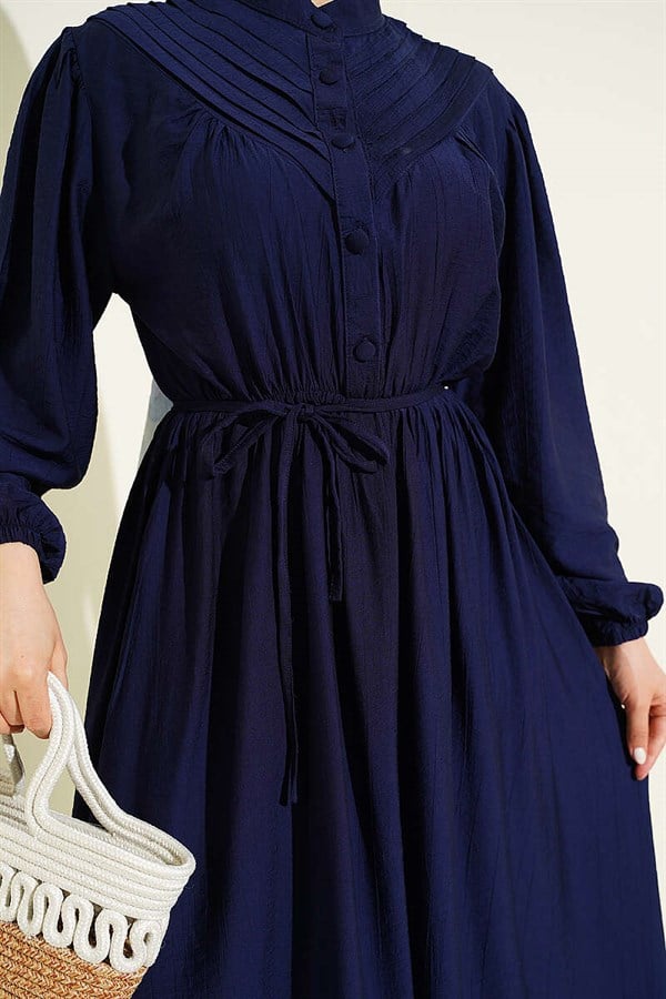 Elastic Waist Ribbed Dress Navy Blue