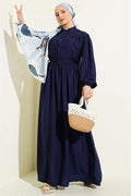 Elastic Waist Ribbed Dress Navy Blue