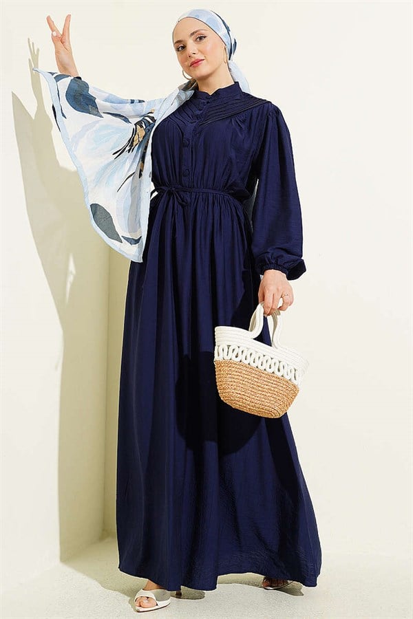 Elastic Waist Ribbed Dress Navy Blue