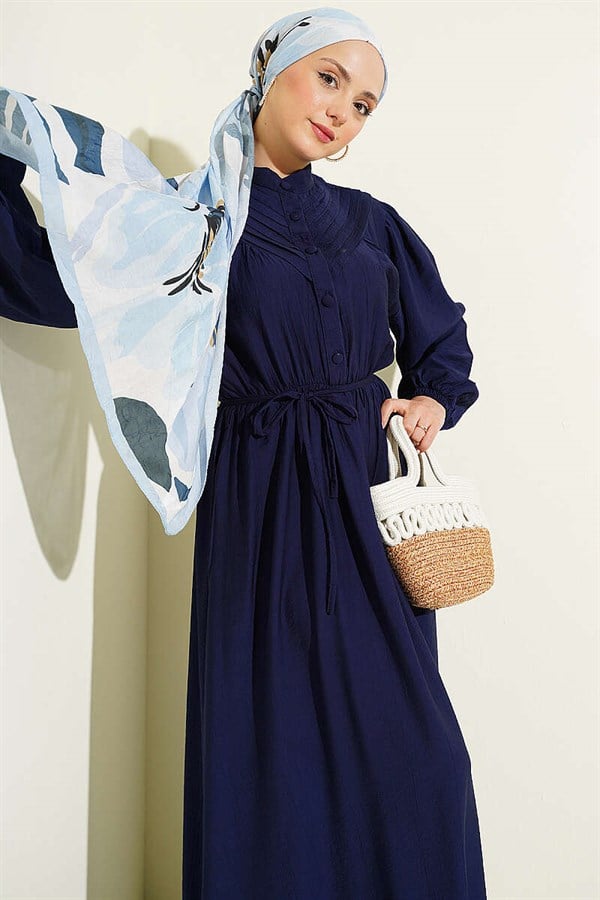 Elastic Waist Ribbed Dress Navy Blue