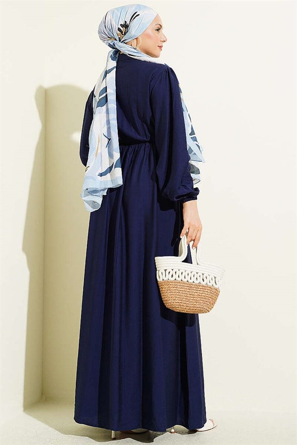 Elastic Waist Ribbed Dress Navy Blue