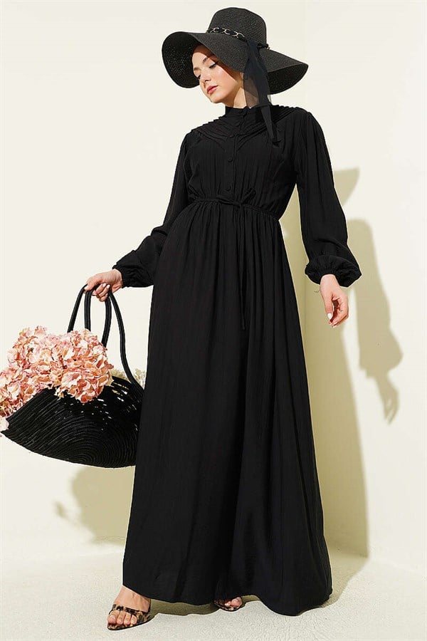 Black Ribbed Dress with Elastic Waist