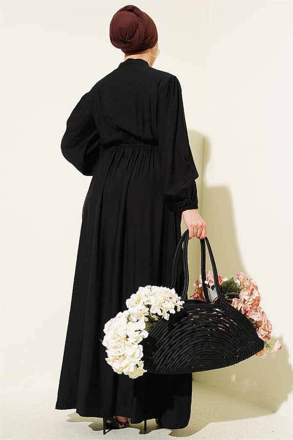 Black Ribbed Dress with Elastic Waist