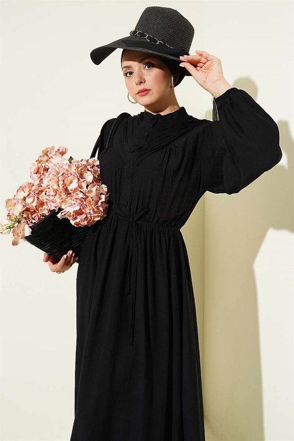 Black Ribbed Dress with Elastic Waist