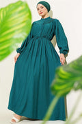 Ribbed Dress with Elastic Waist, Emerald Green