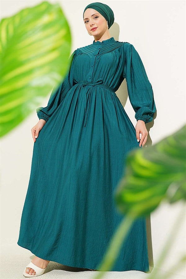 Ribbed Dress with Elastic Waist, Emerald Green