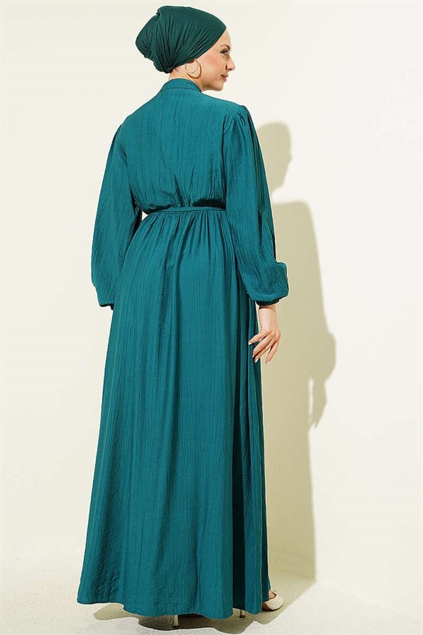 Ribbed Dress with Elastic Waist, Emerald Green