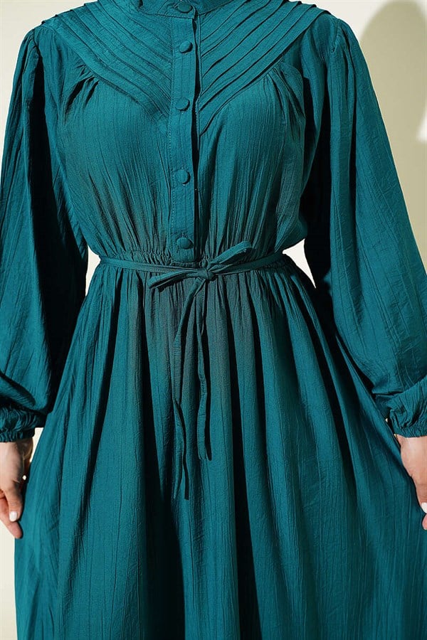 Ribbed Dress with Elastic Waist, Emerald Green