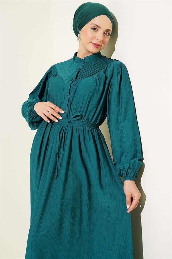 Ribbed Dress with Elastic Waist, Emerald Green
