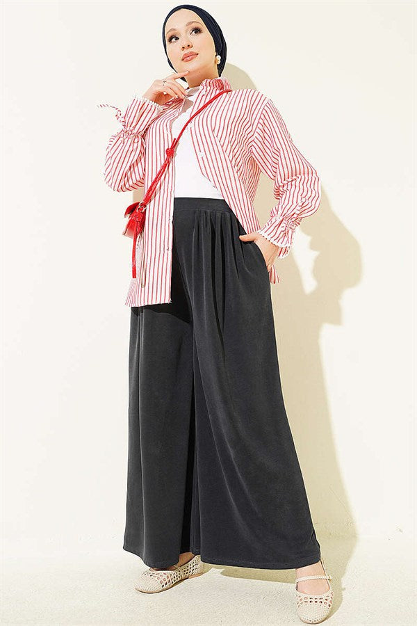 Anthracite Pleated Detail Trousers with Elastic Waistband