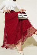 Pleated Ruffle Tulle Skirt with Elastic Waist and Burgundy