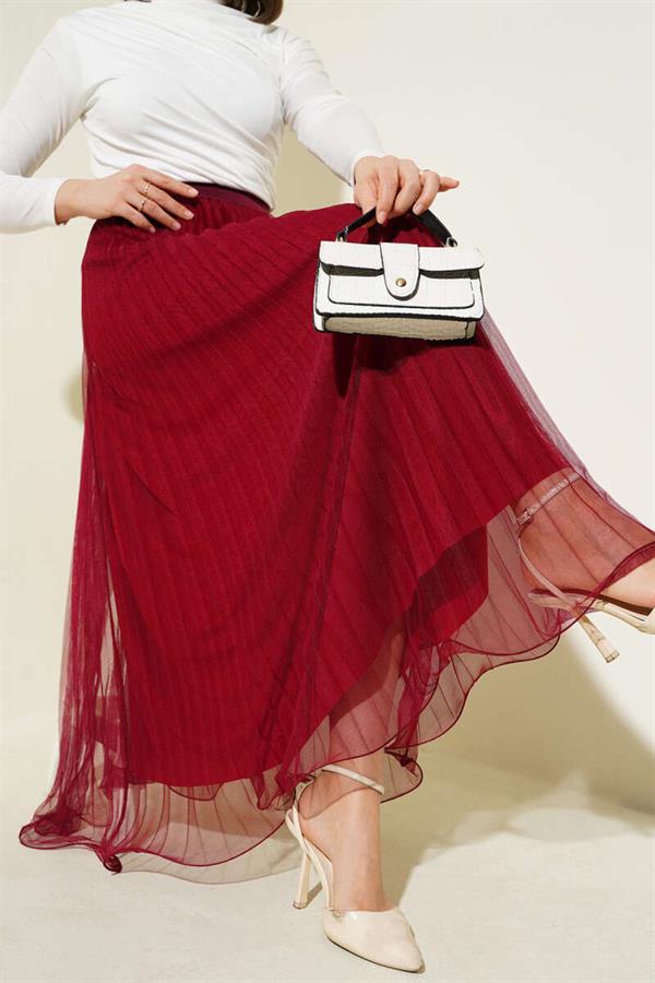 Pleated Ruffle Tulle Skirt with Elastic Waist and Burgundy