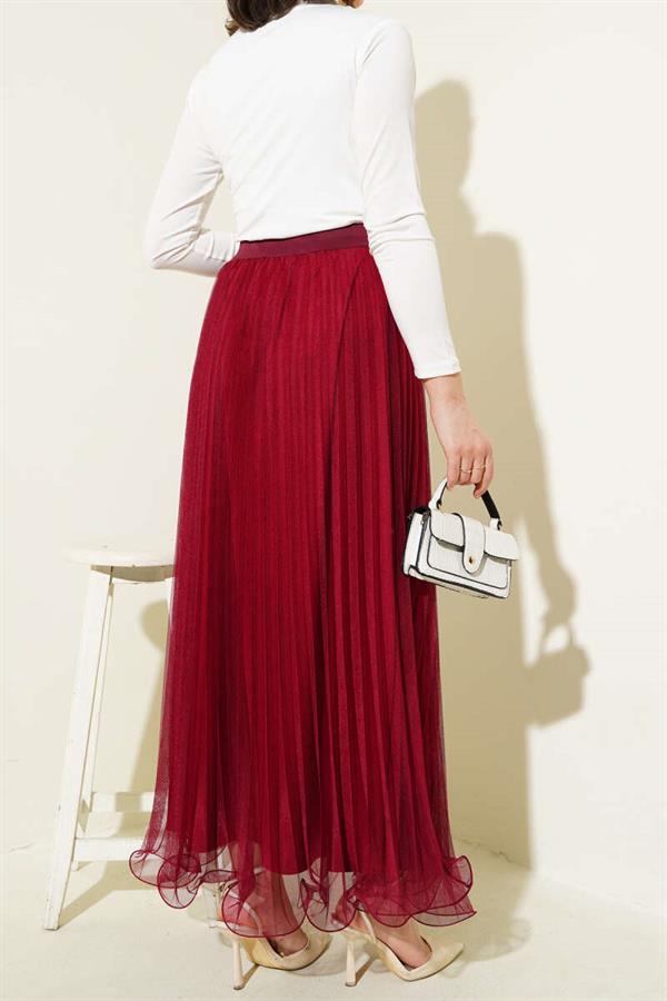 Pleated Ruffle Tulle Skirt with Elastic Waist and Burgundy