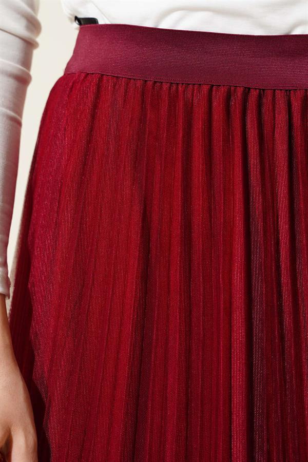 Pleated Ruffle Tulle Skirt with Elastic Waist and Burgundy