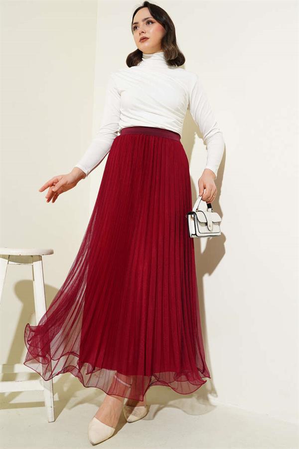 Pleated Ruffle Tulle Skirt with Elastic Waist and Burgundy