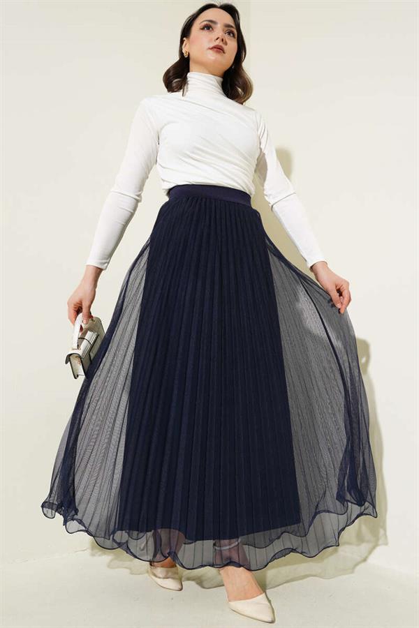 Pleated Ruffle Tulle Skirt with Elastic Waistband Navy Blue