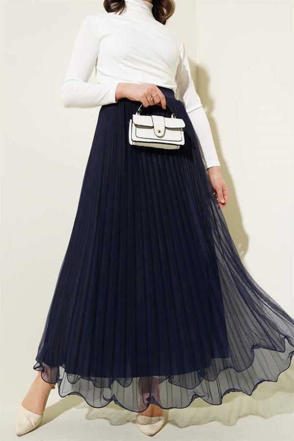 Pleated Ruffle Tulle Skirt with Elastic Waistband Navy Blue