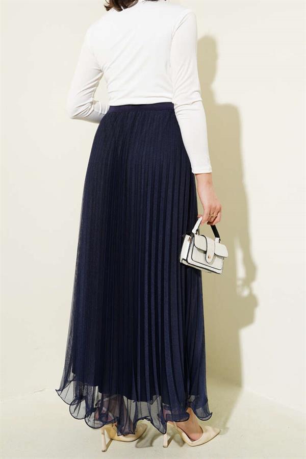 Pleated Ruffle Tulle Skirt with Elastic Waistband Navy Blue