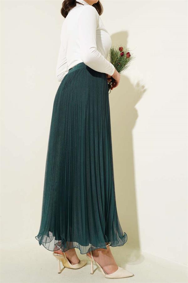 Elastic Waist Pleated Ruffle Tulle Skirt Emerald