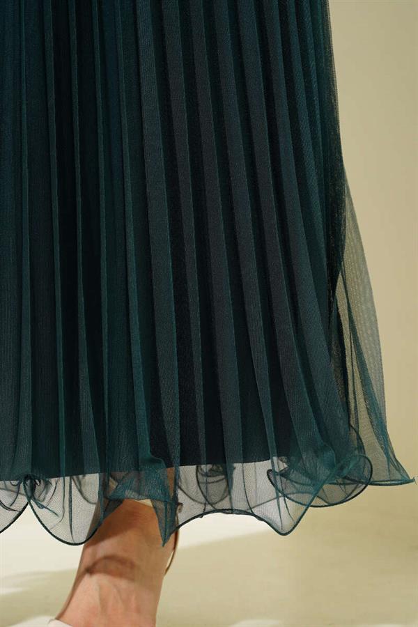 Elastic Waist Pleated Ruffle Tulle Skirt Emerald
