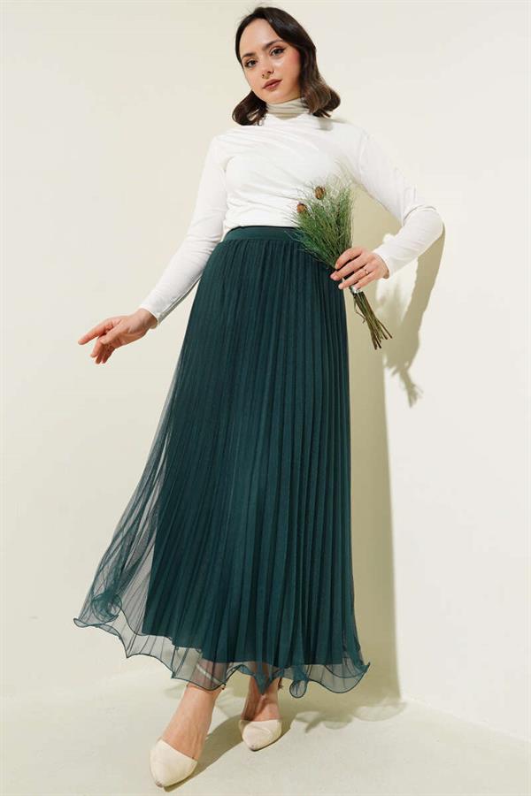 Elastic Waist Pleated Ruffle Tulle Skirt Emerald