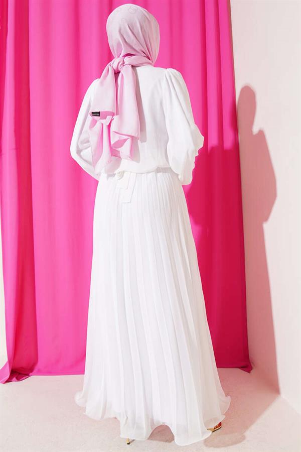 Elastic Waist Pleated Chiffon Dress White