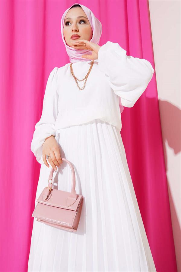 Elastic Waist Pleated Chiffon Dress White