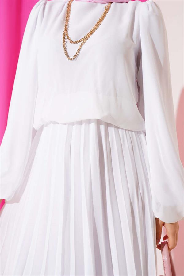 Elastic Waist Pleated Chiffon Dress White