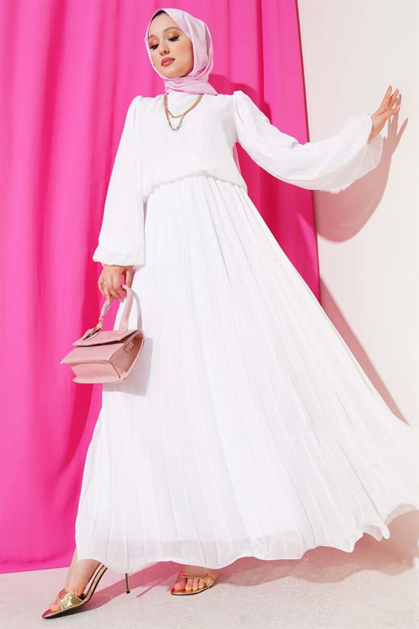 Elastic Waist Pleated Chiffon Dress White