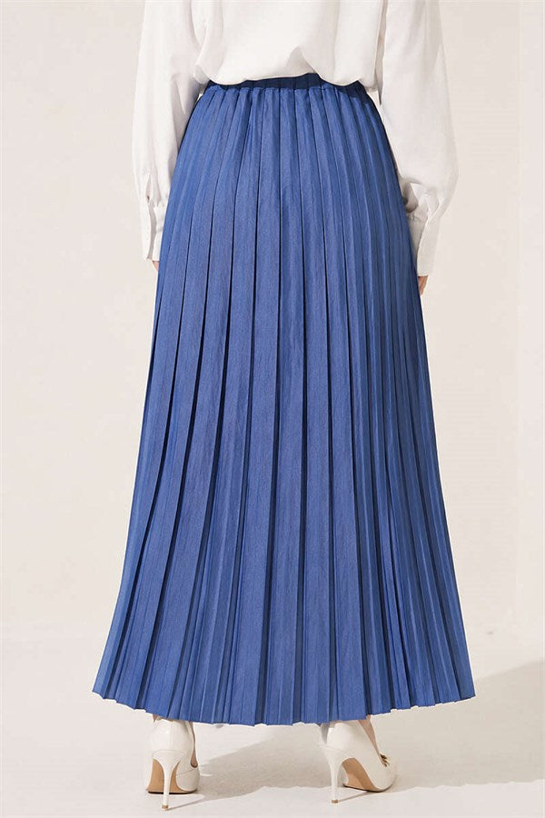 Indigo Skirt with Elastic Waist and Pleated Details