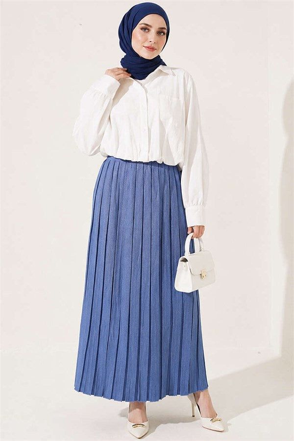 Indigo Skirt with Elastic Waist and Pleated Details