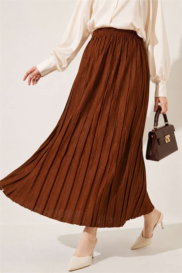 Elastic Waist Pleated Skirt, Brown