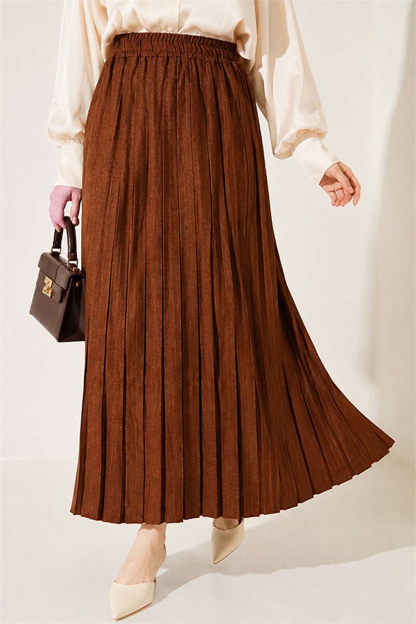 Elastic Waist Pleated Skirt, Brown