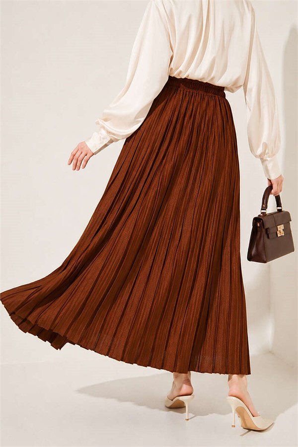 Elastic Waist Pleated Skirt, Brown