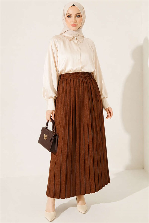 Elastic Waist Pleated Skirt, Brown